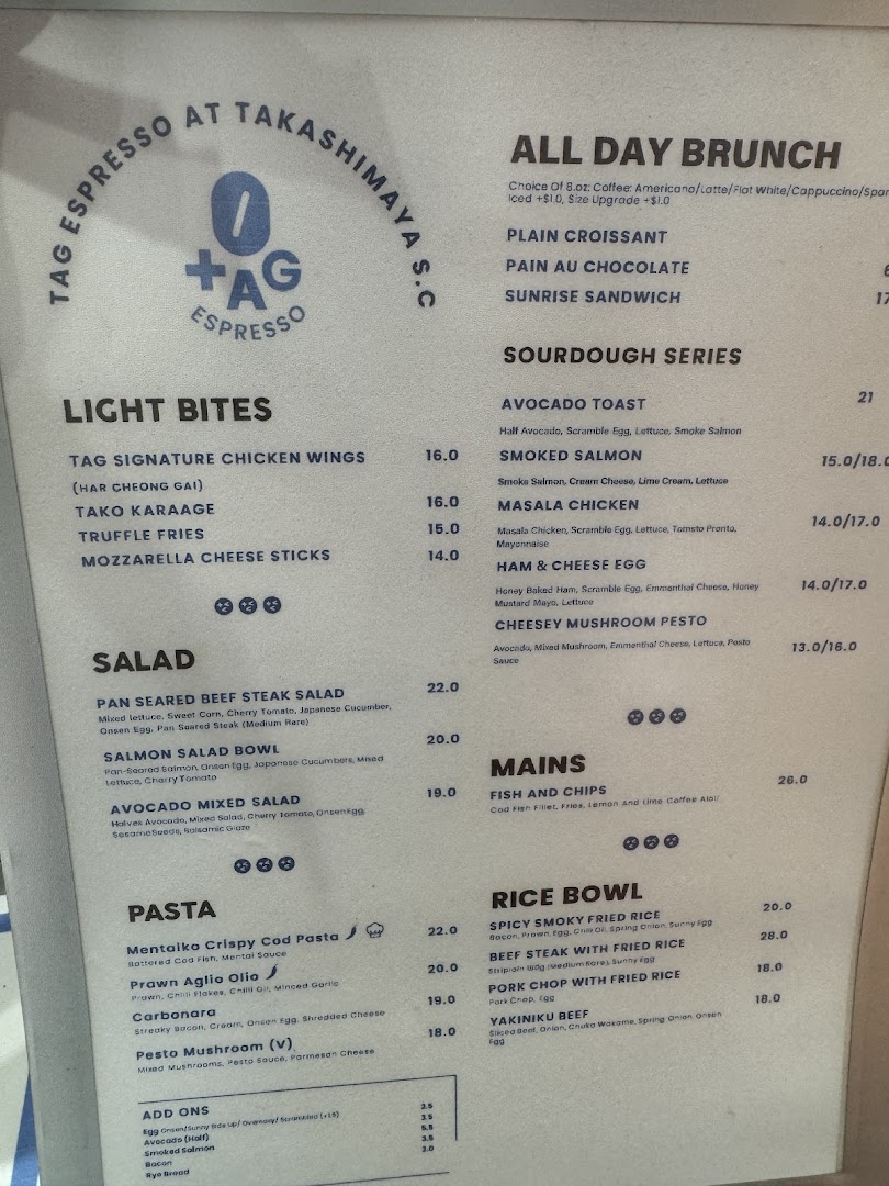 Menu page for TAG Espresso