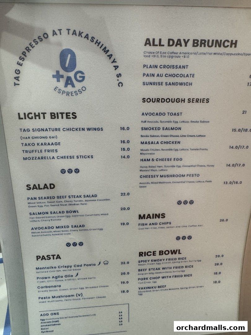 A menu from TAG Espresso at Takashimaya S.C. featuring brunch, light bites, salads, pasta, mains, and rice bowls.