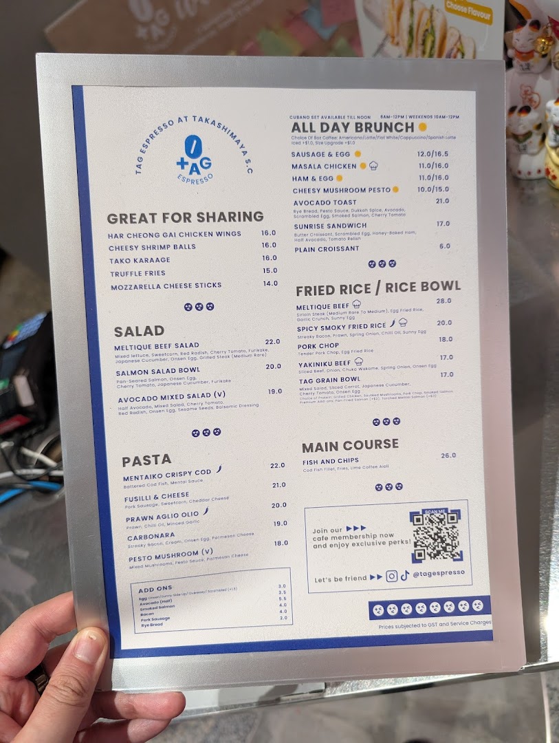 Menu page for TAG Espresso