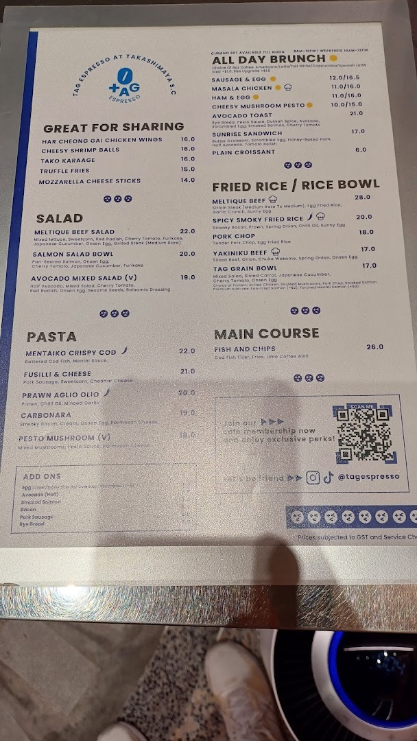 Menu page for TAG Espresso