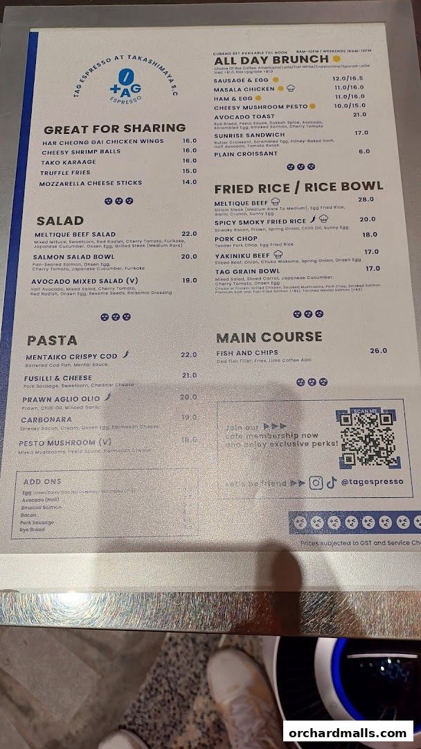 A menu from TAG Espresso featuring brunch, salads, pasta, main courses, and rice bowls.
