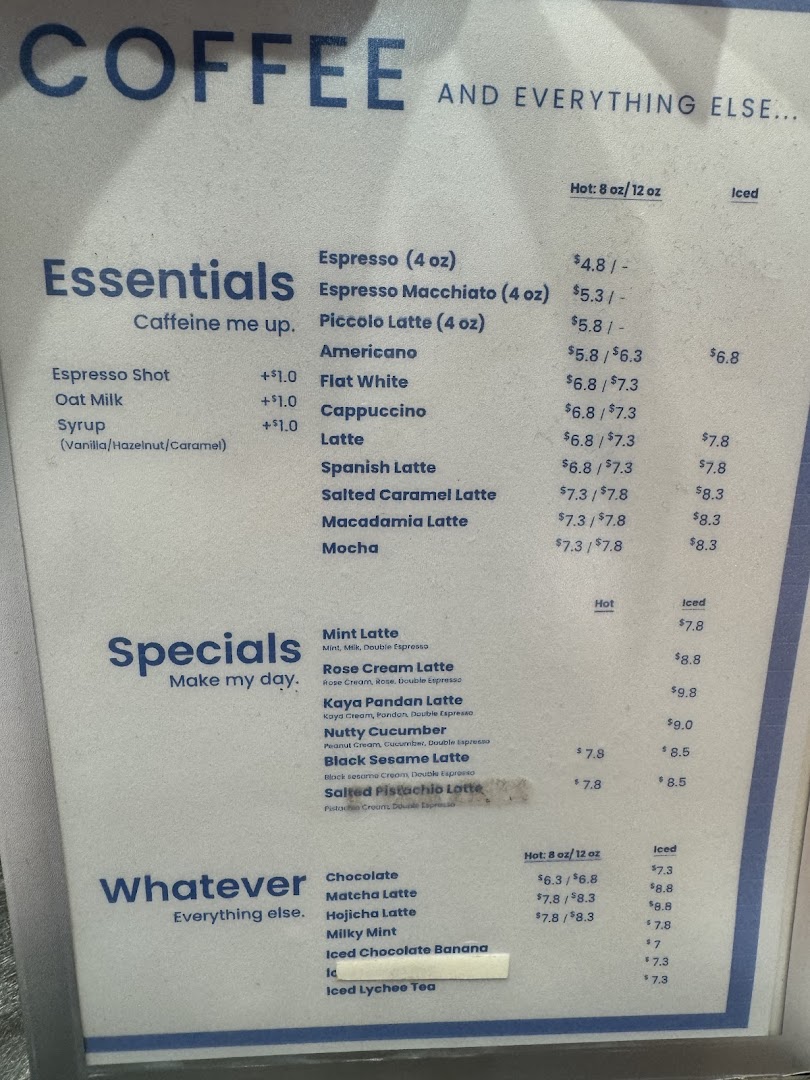 Menu page for TAG Espresso