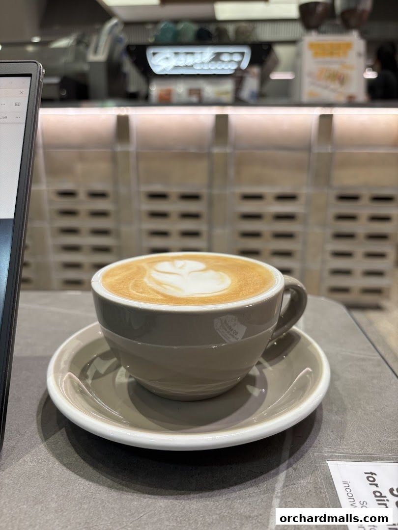 A latte with latte art in a grey cup on a saucer at TAG Espresso.