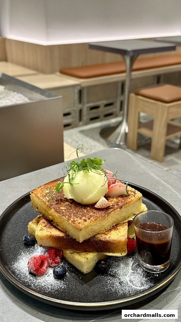 A stack of golden French toast topped with ice cream and berries, served with chocolate sauce.