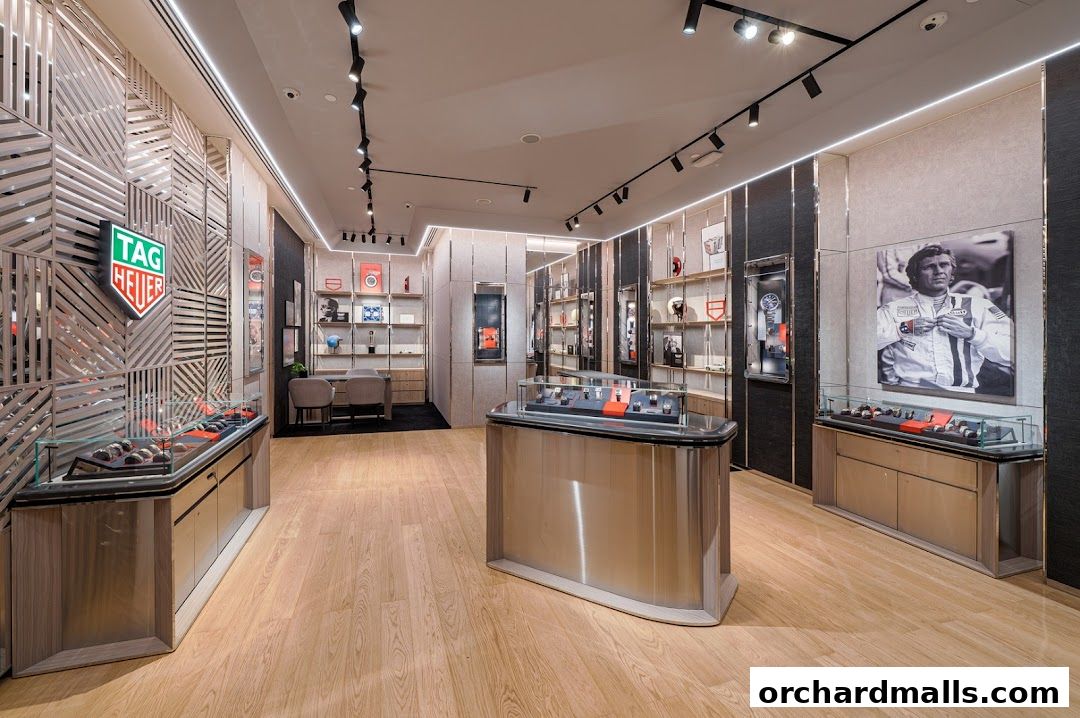Interior view of a modern TAG Heuer watch store with display cases and artwork.