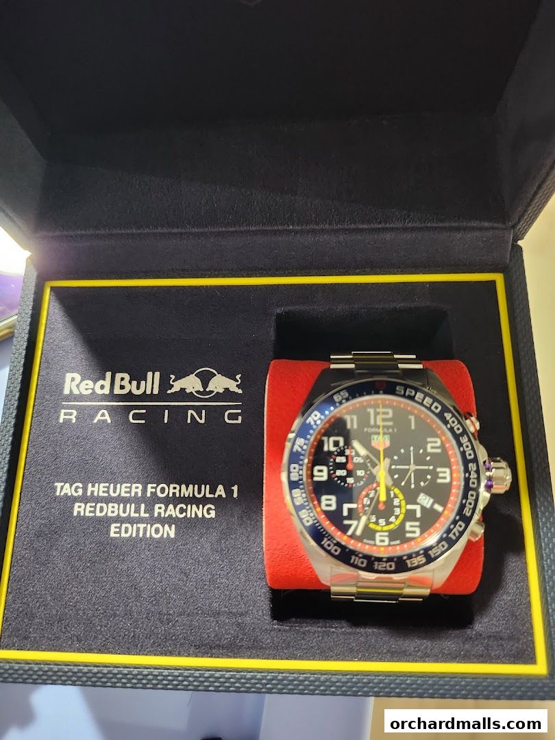 A TAG Heuer Formula 1 Red Bull Racing Edition watch displayed in its presentation box.