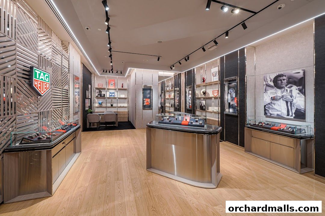 Interior of a modern TAG Heuer watch store with display cases and a portrait.
