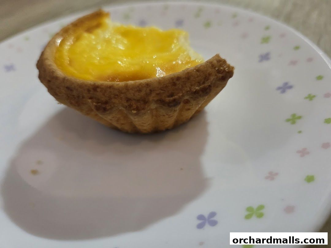 A close-up of a delicious egg tart on a floral patterned plate.