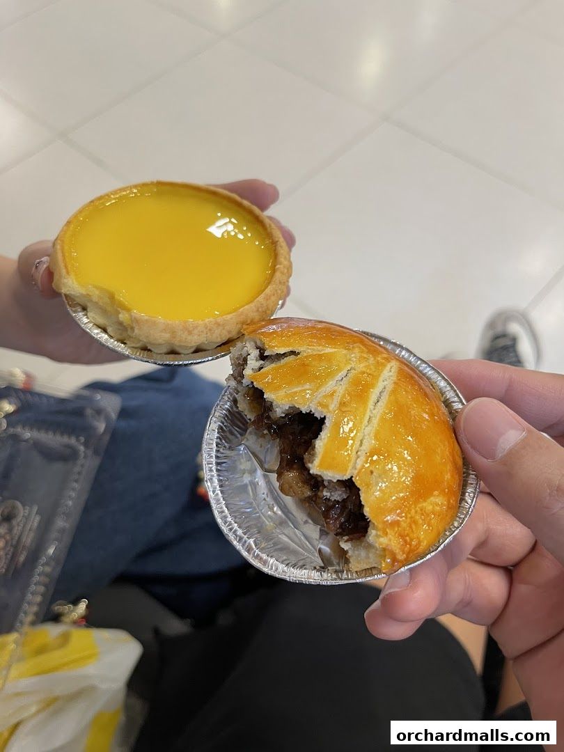 Hands holding a golden egg tart and a savory pie with a flaky crust.