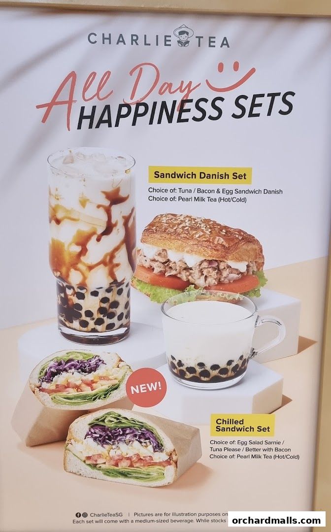 Charlie Tea's "All Day Happiness Sets" featuring sandwich and Danish options with milk tea.