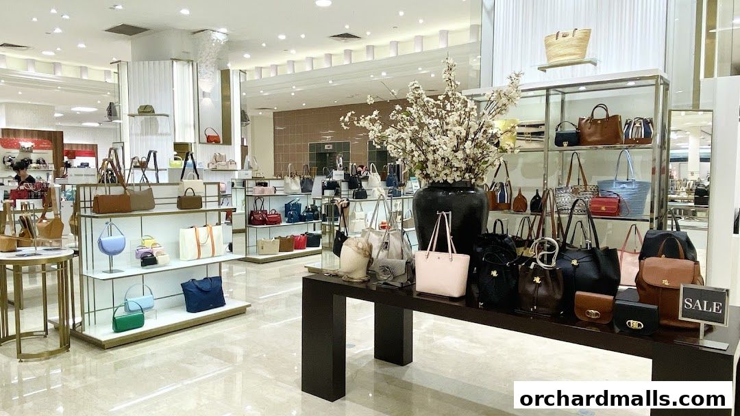 A well-lit interior of a department store showcasing a wide selection of handbags.