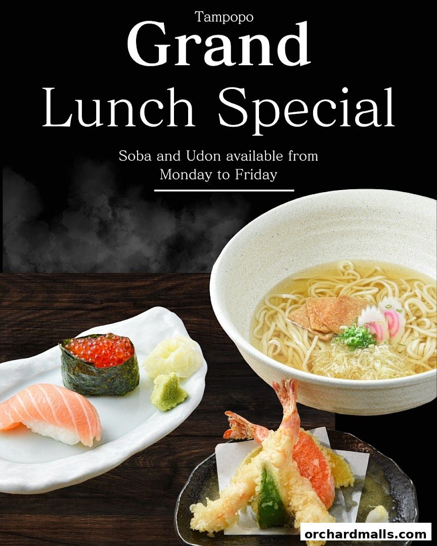 Tampopo Grand offers a lunch special with Soba, Udon, sushi, and tempura.