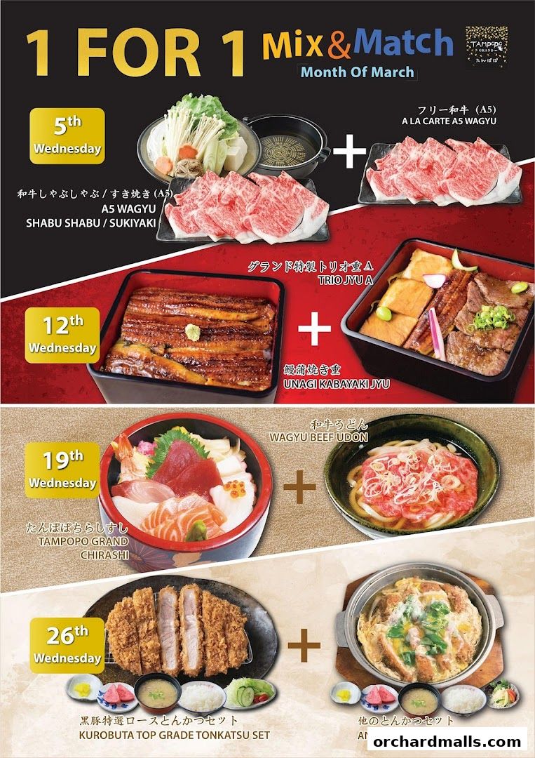 A promotional flyer for Tampopo Grand's March '1 FOR 1 Mix & Match' deals.
