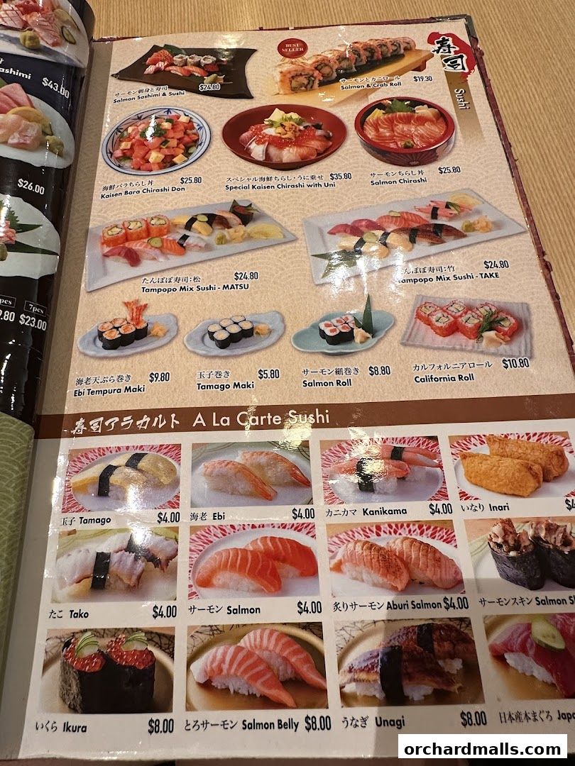 A menu page displaying various sushi dishes, rolls, and chirashi bowls with prices.