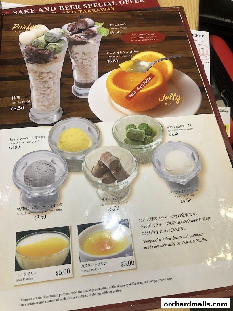 A menu showcasing various parfaits, jellies, ice creams, and puddings with prices.