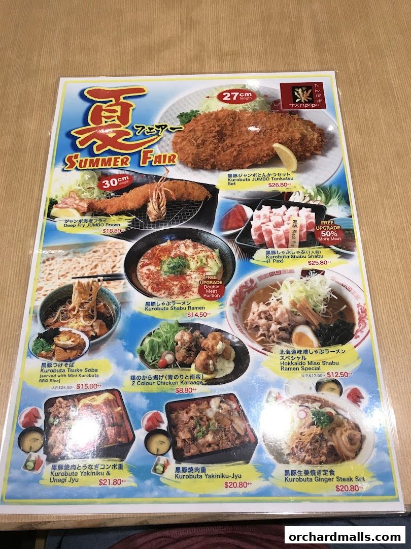 A menu for Tampopo's Summer Fair featuring various Japanese dishes like tonkatsu, ramen, and grilled meats.