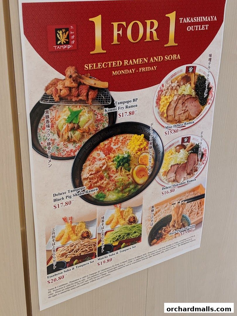 A promotional poster for Tampopo offering 1-for-1 selected ramen and soba deals.