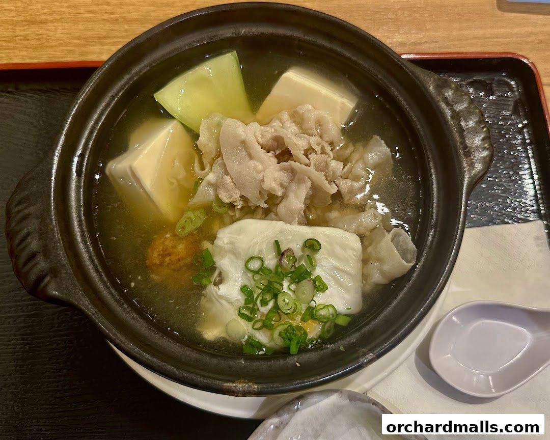 A steaming hot pot dish with tofu, thinly sliced pork, and green onions.