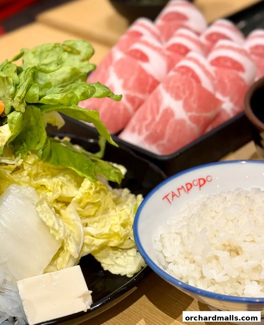 A close-up of a meal at Tampopo, featuring thinly sliced meat, fresh vegetables, and a bowl of rice.