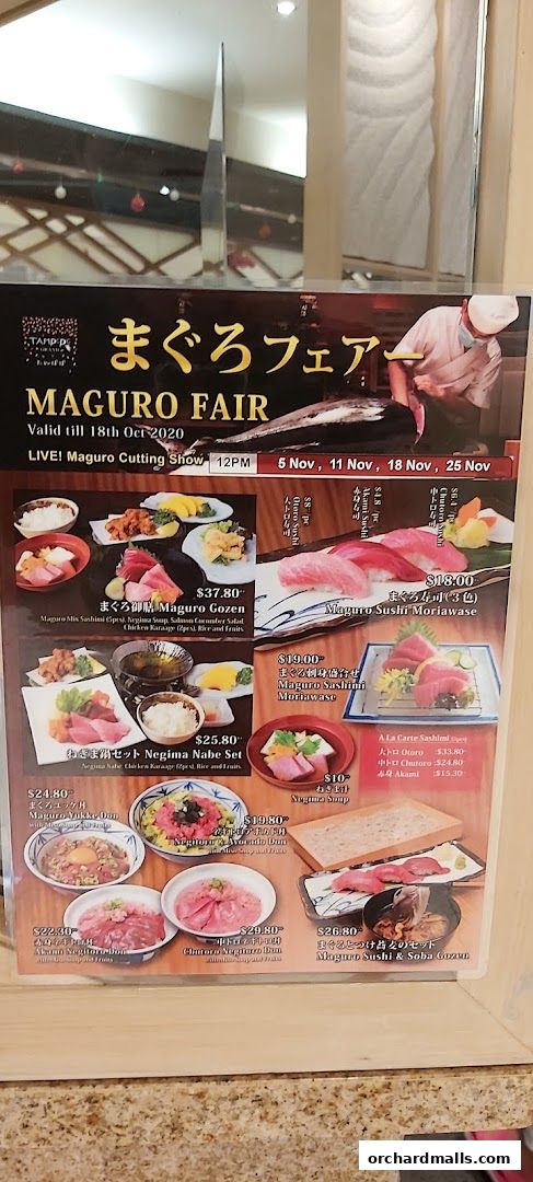 A menu for Tampopo's Maguro Fair featuring various tuna dishes and sushi.