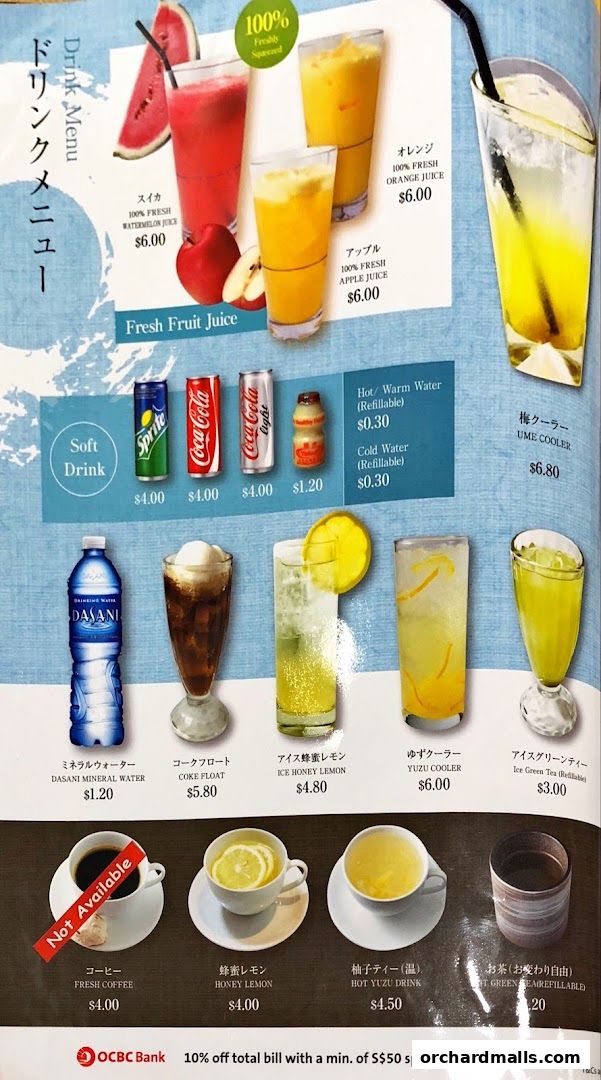 A menu showcasing various drinks including fresh juices, soft drinks, and hot beverages.