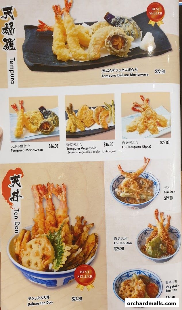 A menu showcasing various tempura dishes, including shrimp, vegetable, and deluxe combinations.