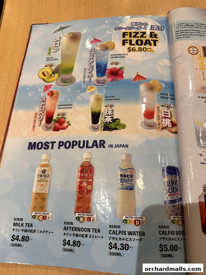 A menu page showcasing various cream sodas and popular bottled drinks with prices.