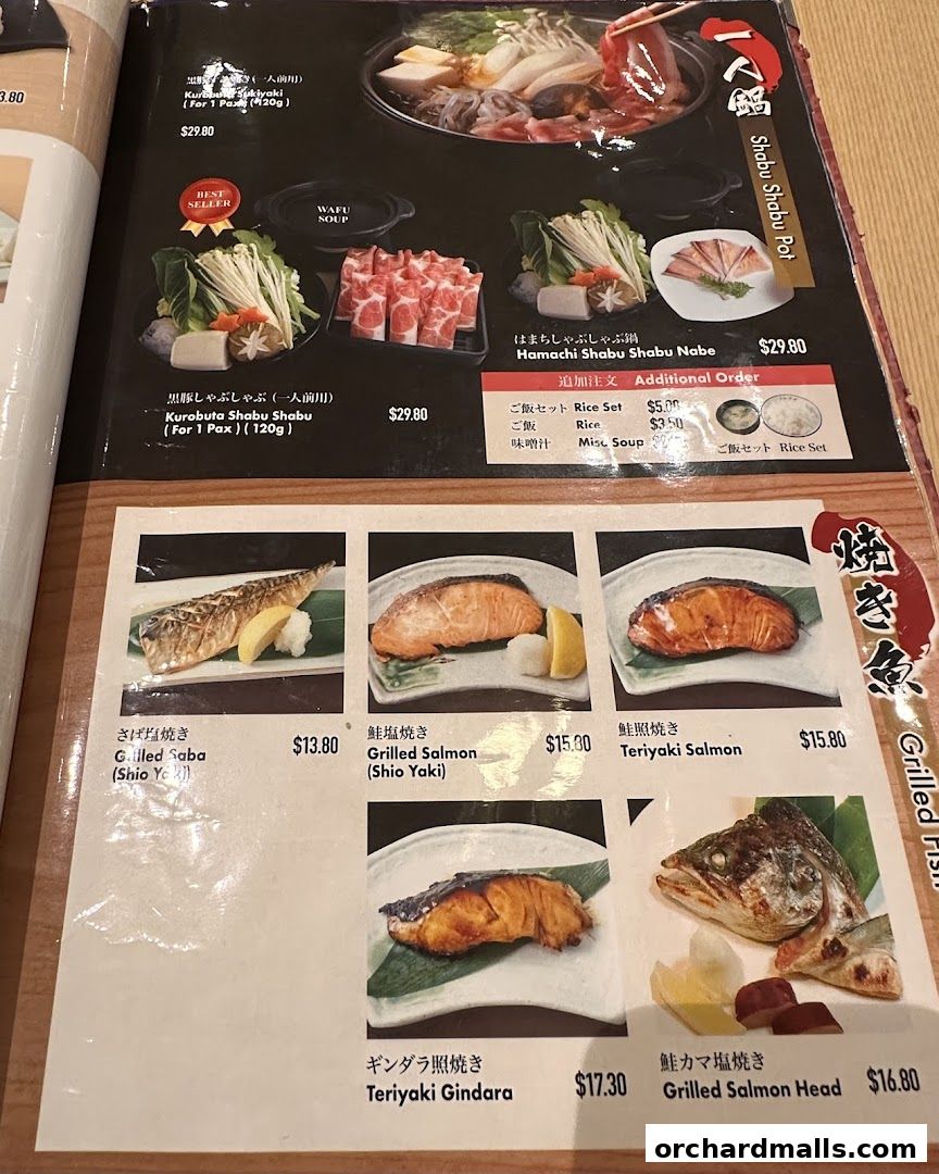 A menu featuring Japanese shabu-shabu, grilled fish dishes, and set meals.