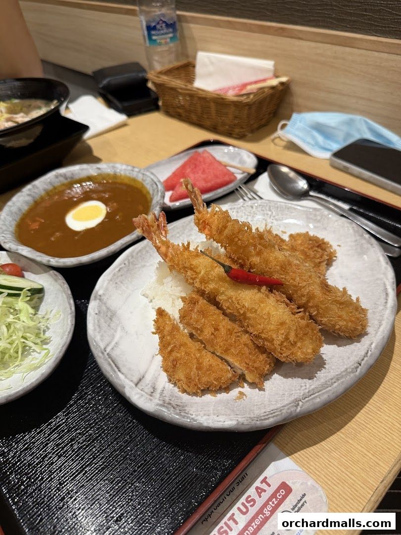 A delicious meal featuring fried shrimp, chicken katsu, curry, and salad from Tampopo.