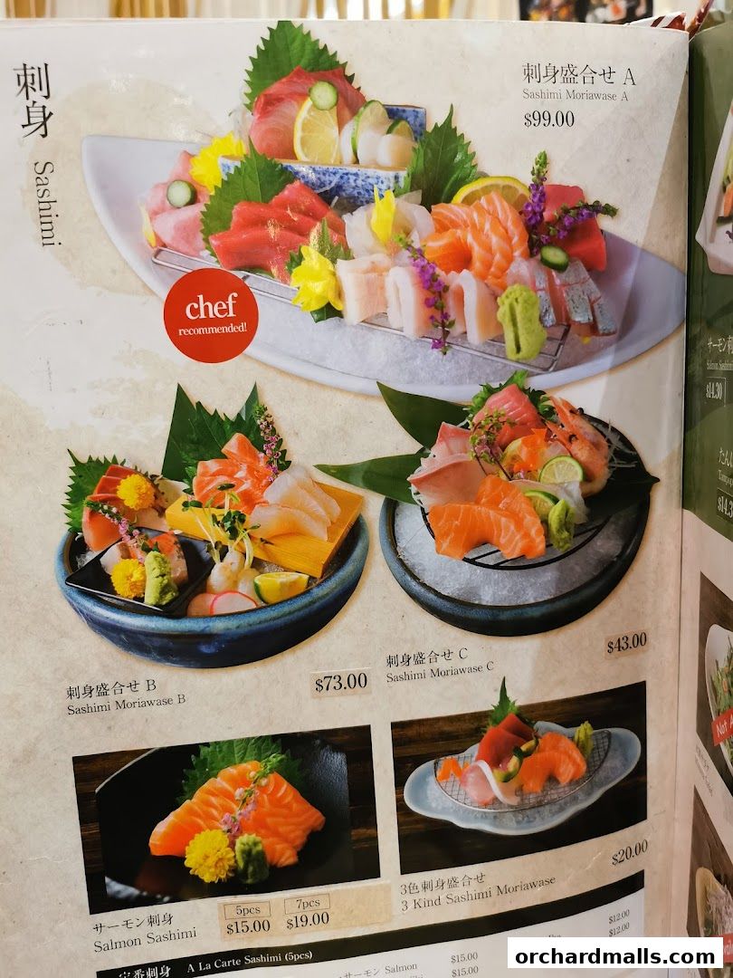 A menu page showcasing various sashimi platters and salmon sashimi options with prices.