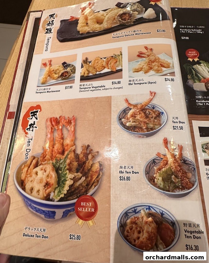A menu featuring various tempura and donburi dishes with prices and images.