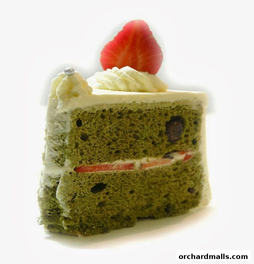 A slice of green tea cake with cream, strawberry, and chocolate chips.