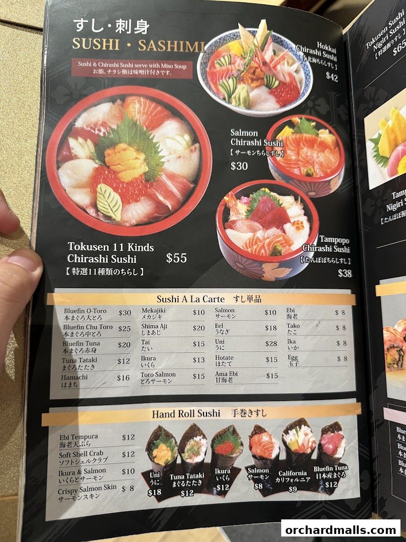 A menu page displaying various sushi and sashimi dishes with prices.