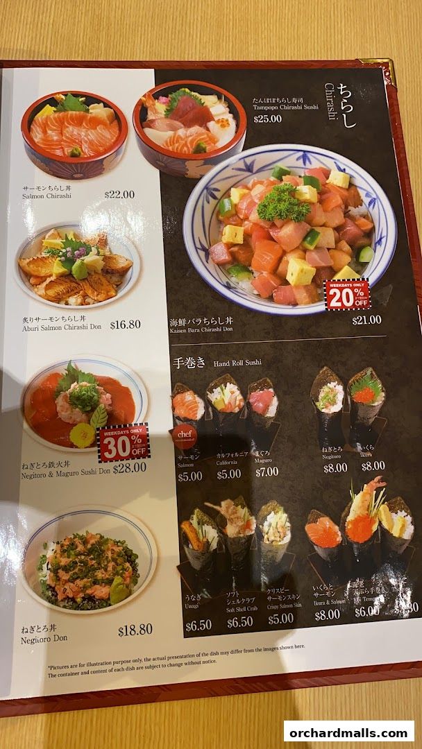 A menu from Tampopo featuring various sushi bowls and hand rolls with prices.