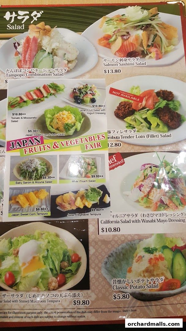 A menu showcasing various Japanese salads and tempura dishes with prices.