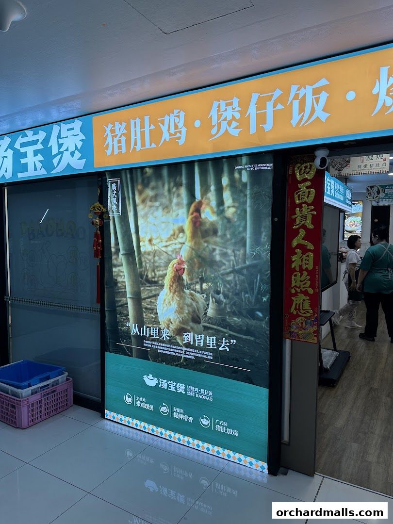Shop front of TangBaoBao 汤宝煲猪肚鸡, featuring a large advertisement with chickens.