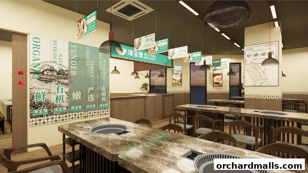 Interior view of a restaurant with marble-top tables and hanging signs advertising food.