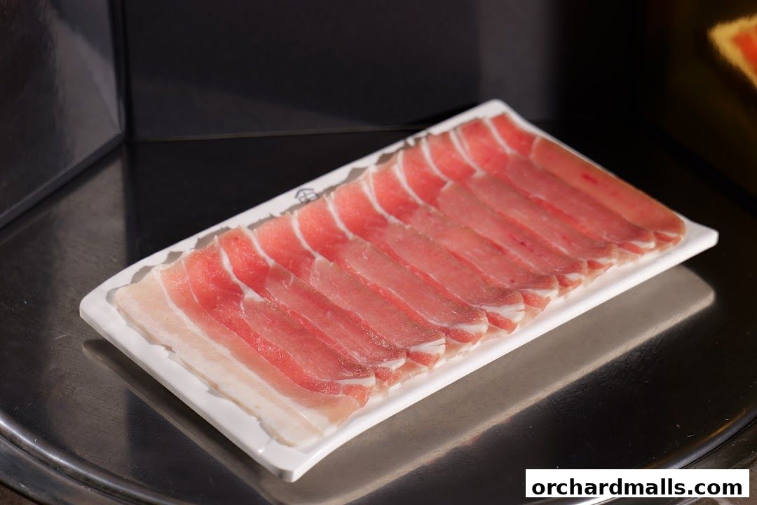 Thinly sliced pork belly arranged on a white rectangular plate.
