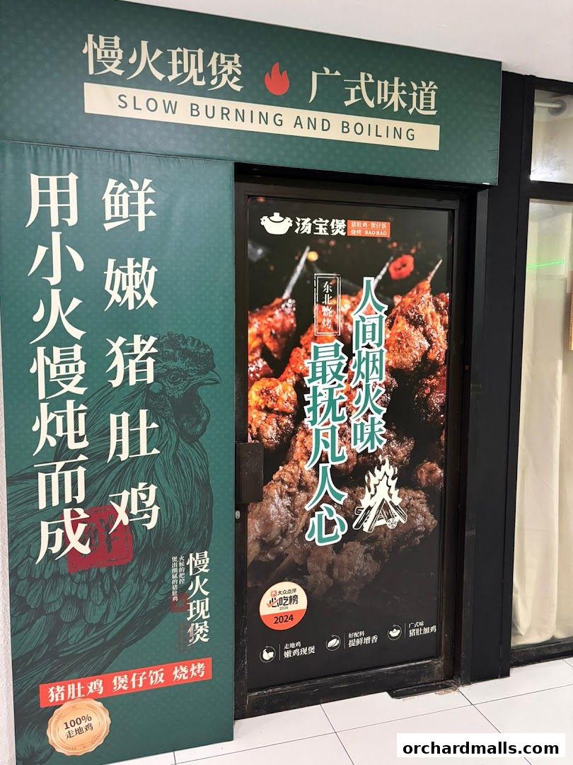 Shop front of TangBaoBao 汤宝煲猪肚鸡, featuring a chicken illustration and food imagery.