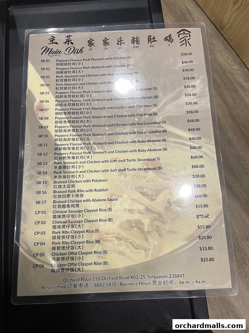 A menu for TangBaoBao汤宝煲猪肚鸡 featuring main dishes and claypot rice.