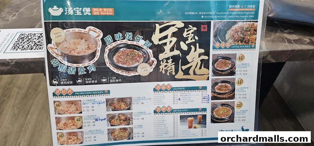 A menu from TangBaoBao featuring pig belly chicken and claypot rice dishes.