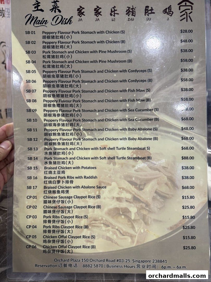 A menu for TangBaoBao 汤宝煲猪肚鸡 featuring main dishes and claypot rice.
