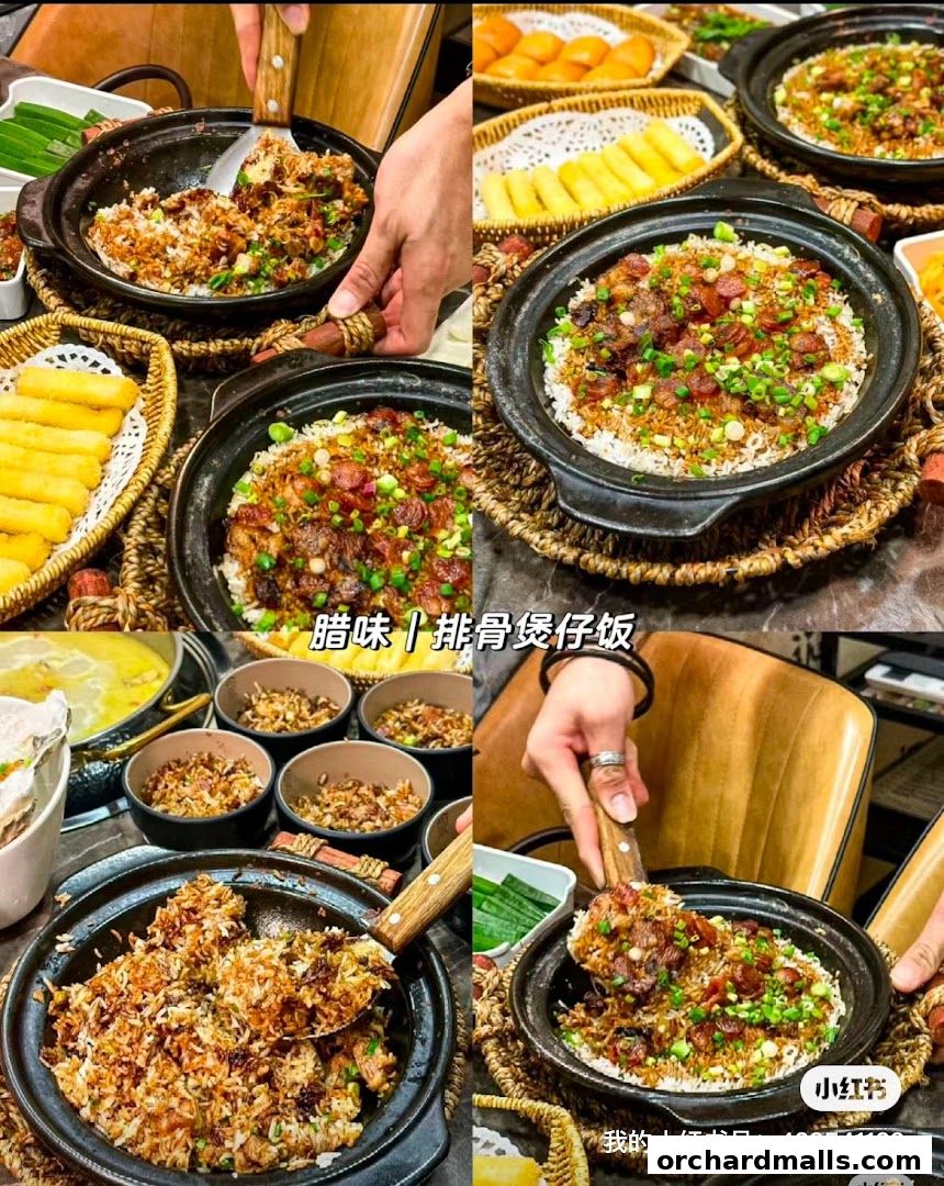 Collage of clay pot rice dishes with various toppings and side dishes.
