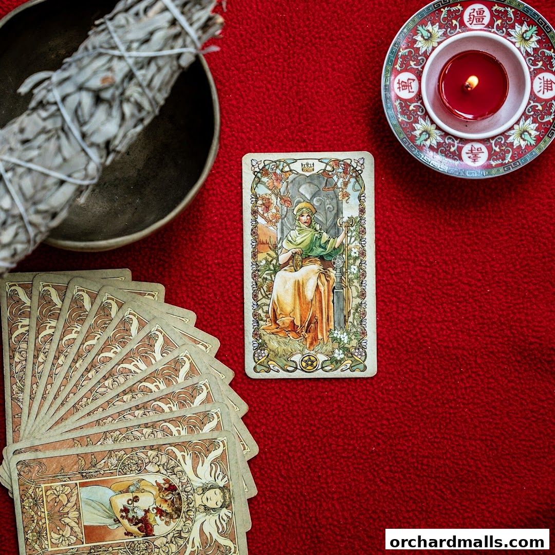 Tarot cards, sage bundle, and a lit candle arranged on a red surface.