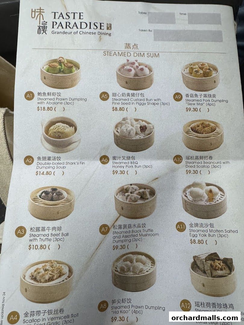 A menu from Taste Paradise featuring various steamed dim sum dishes with prices.