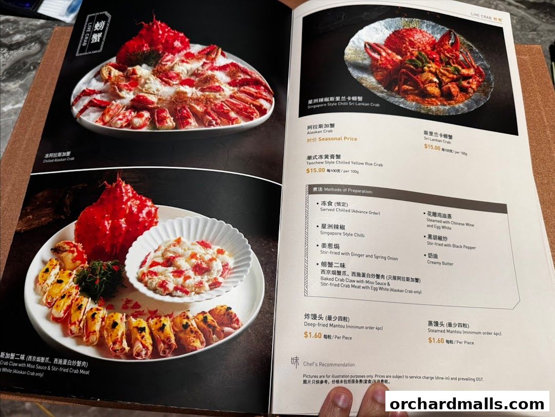 A menu from Taste Paradise featuring various crab dishes and preparation methods.