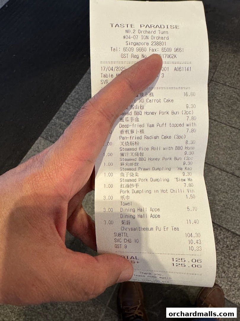A receipt from Taste Paradise at Ion Orchard listing various dim sum items and their prices.