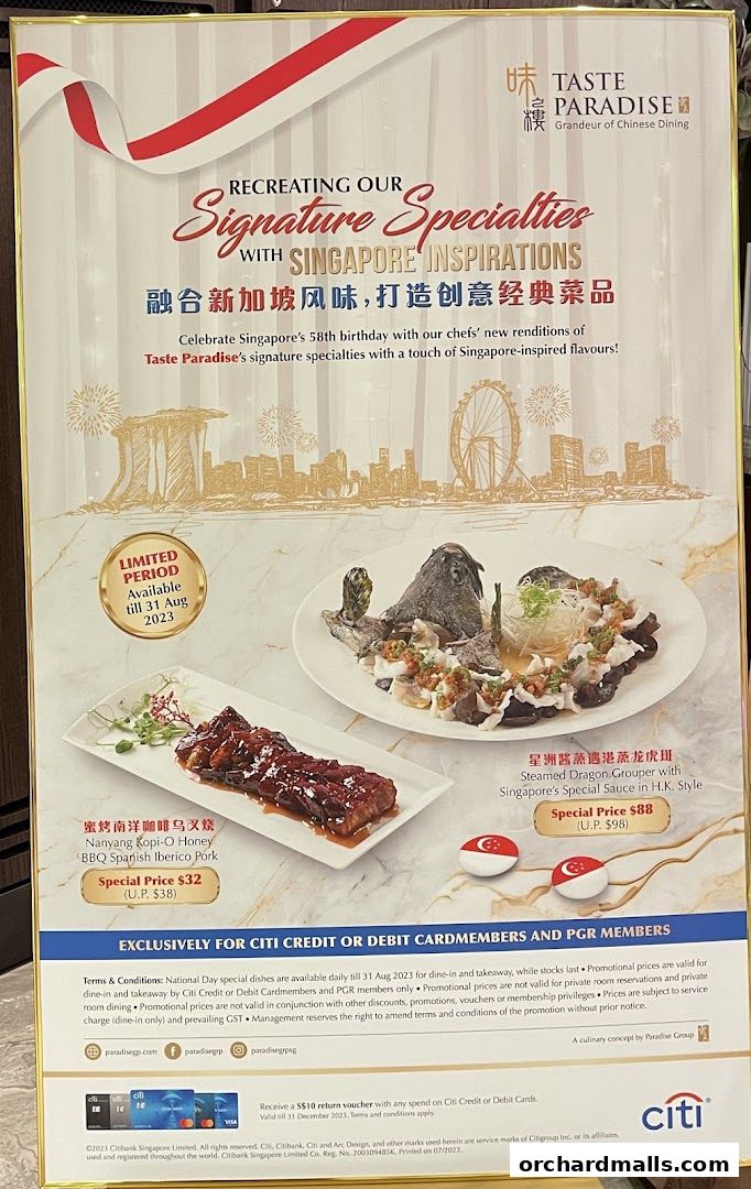 A promotional poster for Taste Paradise featuring two signature dishes and a Citi card offer.