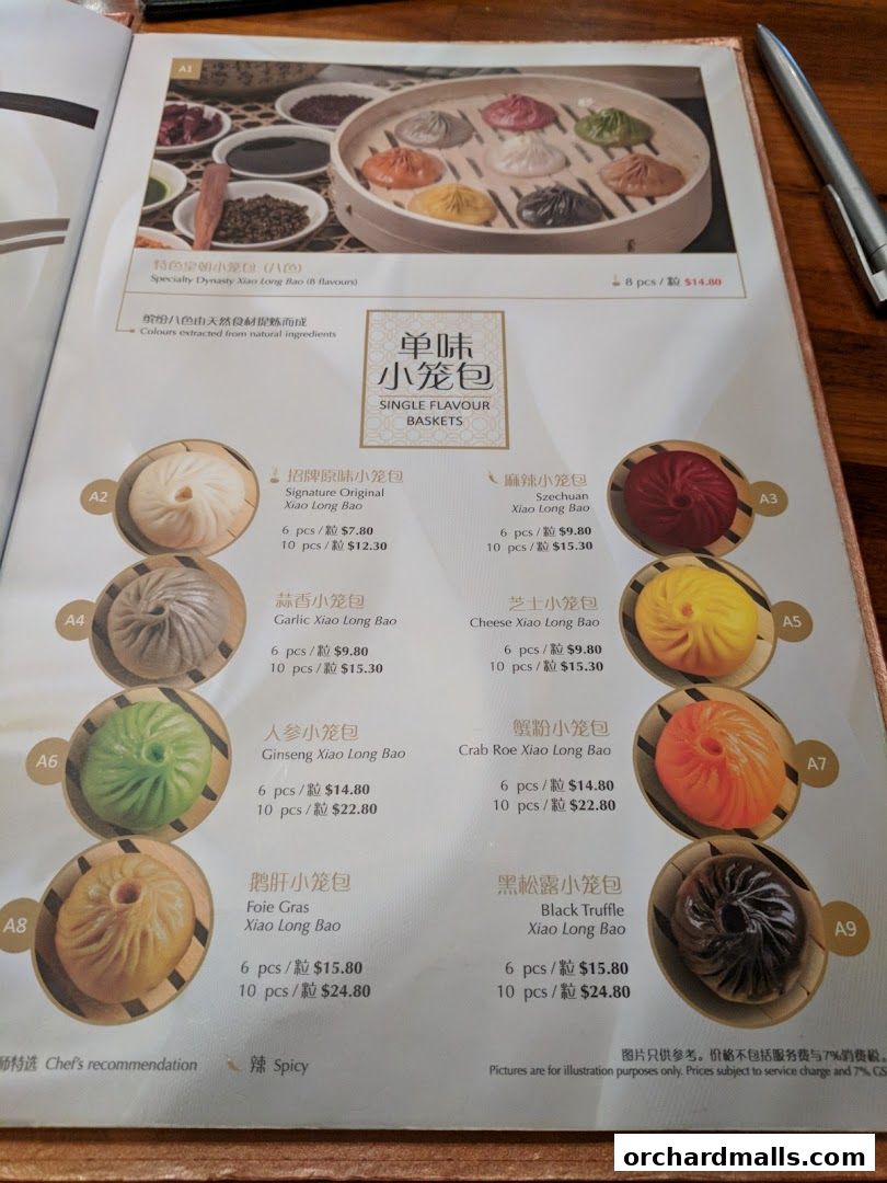 A menu page showcasing various flavors of Xiao Long Bao with prices and descriptions.