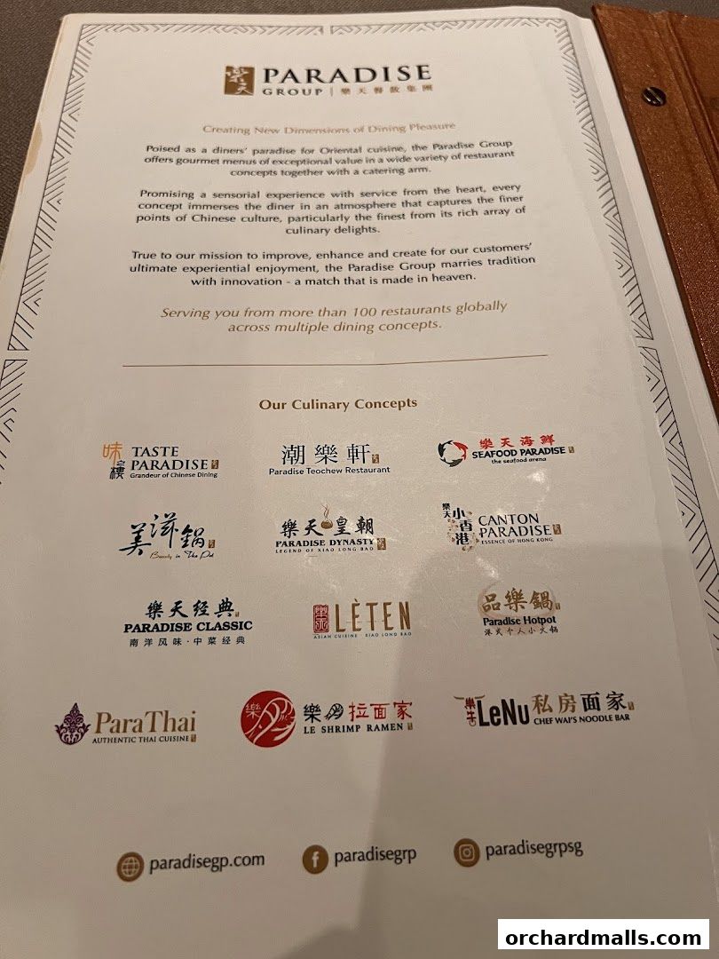 A brochure showcasing various culinary concepts under the Paradise Group brand.